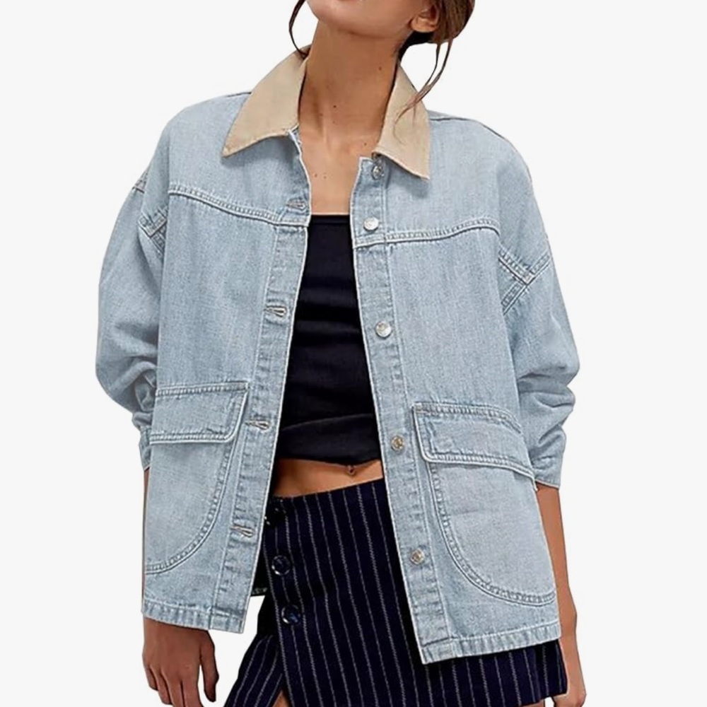 Amazon Light Blue Denim Utility Jacket with Tan Collar